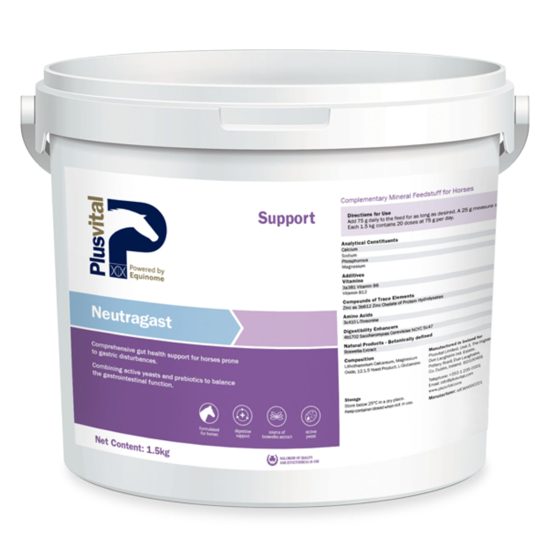 <h6 style="text-align:left;"><span style="font-size:10pt;font-family:'Arial Unicode MS', sans-serif;background:#FFFFFF;">Plusvital Neutragast combines active and natural ingredients to provide comprehensive gut support for horses prone to gastric disturbances.</span></h6>